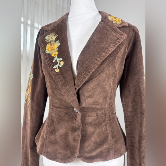 Vintage Y2K TM True Meaning Brown Corduroy Floral Embroidered Cotton Blazer - Picture 3 of 9